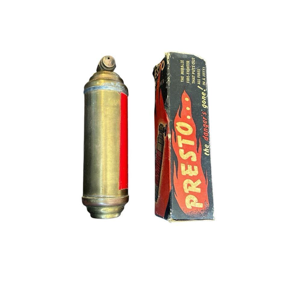 Vintage Brass Presto Fire Extinguisher With Original Black and Red Box